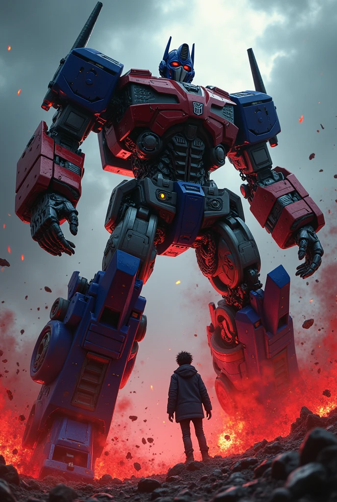 a highly detailed and intense cyberpunk scene, a massive robot Optimus Prime battling against the anime character Kirito hurt their epic showdown resulting in a violent death with heavy blood and gore, dramatic lighting, dark moody color palette, cinematic composition, 8k, hyper realistic, award winning concept art, intricate details, dynamic action pose