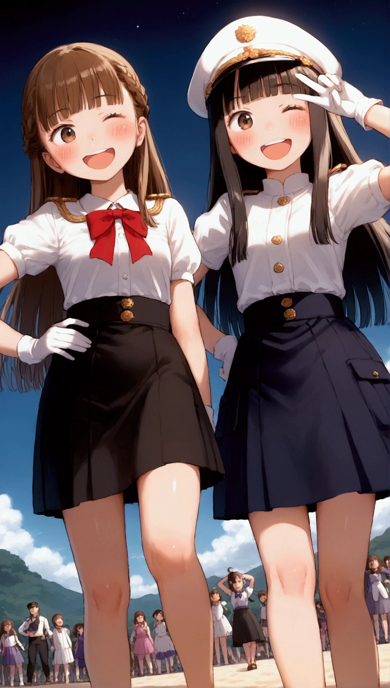 {Highest quality}, {Super beautiful},{Ultra fine},{Best illustration},Brown Hair,Hime cut,long hair,Braid,One woman,Standing Woman,Strike a pose,Adult women,smile,Excited face,Wink,Uniform cap,White Shirt,Short sleeve,long black skirt,White gloves,Night Festival,Blushing,Slender,Black stiletto heels,barefoot,From an angle,From below,Put one hand on your hip,Woman with closed legs,wave hands
