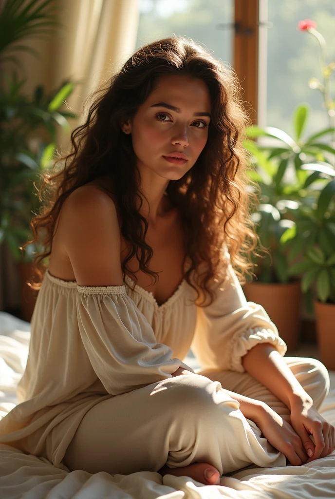 (photorealism:1.2), beautiful woman, sitting on bed, wearing loose off-shoulder top, pajama pants, long curly hair, indoors, soft lighting, plants in background, window with sunlight, cozy room, relaxed pose, realistic, intricate details, warm colors, by Greg Rutkowski, by Alphonse Mucha