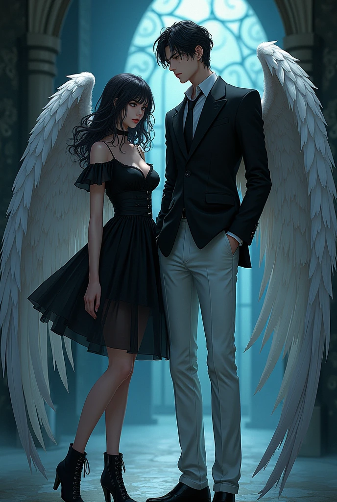 Man in gothic suit and white pants and wings. Girl gothic mini dress . Anime style