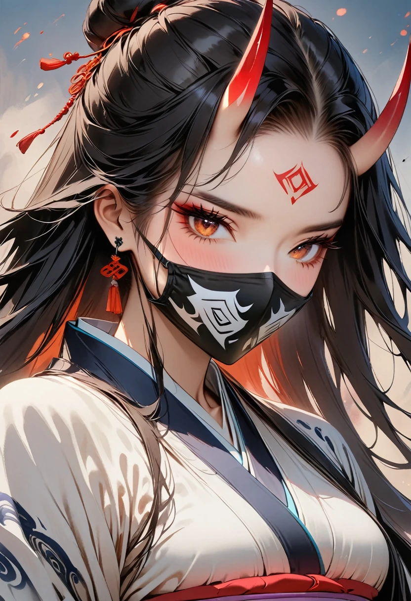 (Masterpiece, Top quality, Best quality, Official art, Beautiful and aesthetic:1.2), Ink painting, (((1 girl))), (((covered mouth, mouth mask))), (((Very detailed forehead tattoo))), (((Anbu mask))) sexy devil,1 girl, wearing a kimono, (2 small oni horns:1.6), fire around her, Glowing body, Colorful, Top detailed, Cold light, Tattoo