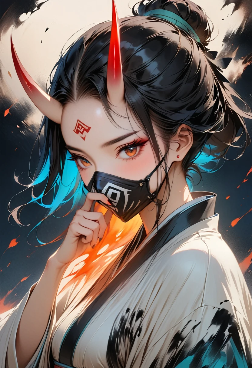 (Masterpiece, Top quality, Best quality, Official art, Beautiful and aesthetic:1.2), Ink painting, (((1 girl))), (((covered mouth, mouth mask))), (((Very detailed forehead tattoo))), (((Anbu mask))) sexy devil,1 girl, wearing a kimono, (2 small oni horns:1.6), fire around her, Glowing body, Colorful, Top detailed, Cold light,  Tattoo
