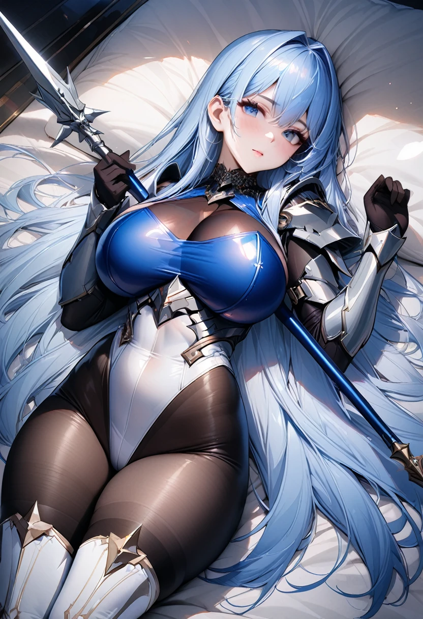 ((highest quality)), ((masterpiece)), ((hyperrealistic)), (solo), 1girl, ((curvy)), ((skindantation: 1.2)), perfect face, ((Azur Lane)), ((Valkyrie armor)), ((skin-tight see-through pantyhose leotard: 1.4)), ((white knight armor breastplate)), ((skin-tight black Investigator Bodystocking)), ((large pauldron)), (long gauntlet gloves), ((light blue hair straight long hair)), ((large breasts that look like they might burst)), (black pantyhose thighs), (white knee-high boots), (high heel boots), ((see through cleavage cutout)), zettai ryouiki, ultra high leg cut, beautiful blue eyes, Perfect hands, perfect fingers, luxurious goldsmith spear, holding a spear, prepare a spear, lying on back