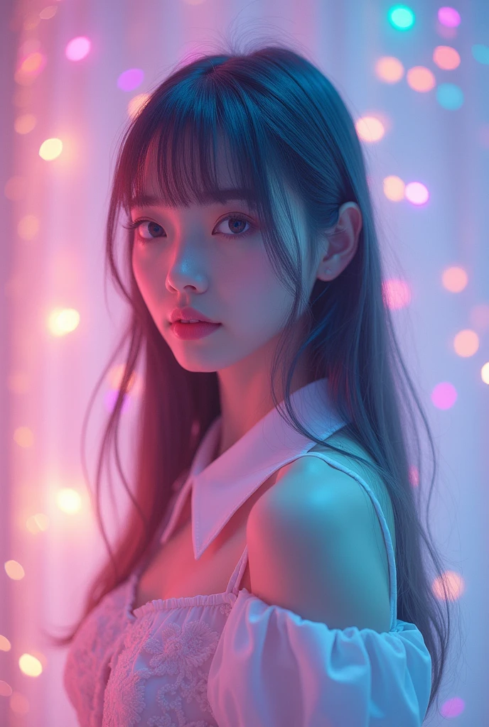(fluorescent colors:1.4),(translucent:1.4),(retro filters:1.4), (fantasy:1.4), candy world Disney land ethereal soft fluffy soft landscape forest snowavatar Pastel pink sky green blue sparkle ethereal light pastel whimsical light rainbow stars diamonds sparkle gemstone background hyper realistic Ultra quality cinematic lighting immense detail Full hd painting Well lit,diagonal bangs,
collared dress,on side
masterpiece, best quality,realskin,(portrait:1.5), 1girl, blunt bangs, long hair