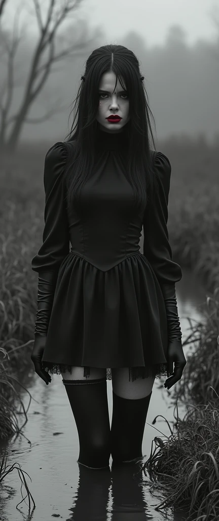 monochrome, sephia, drama, stuck in bog,high-neck style, closed Puritan dress, short mini-dress, hips, high-neck dress, aristocratic hairstyle, stockings with garters, red lips, goth, aristocratic, gloves