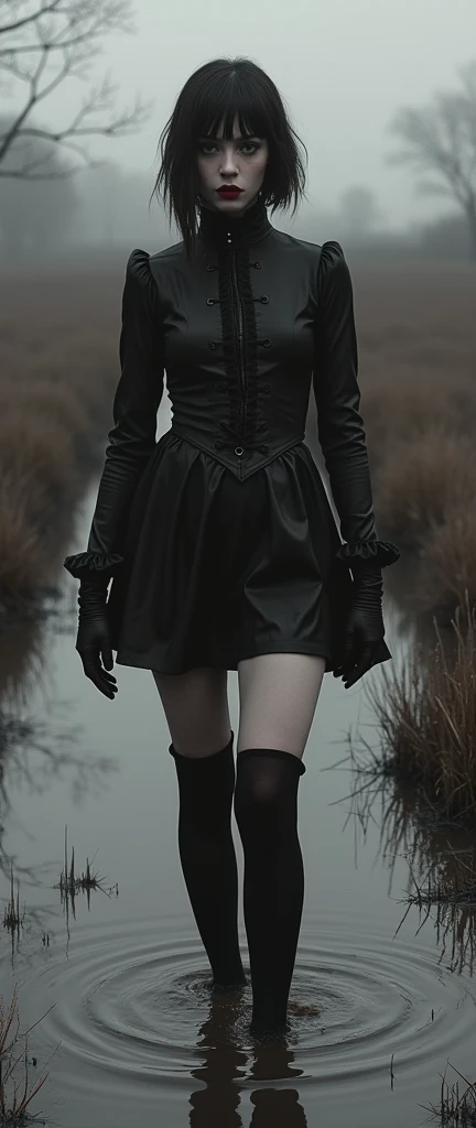 monochrome, sephia, drama, stuck in bog,high-neck style, closed Puritan dress, short mini-dress, hips, high-neck dress, aristocratic hairstyle, stockings with garters, red lips, goth, aristocratic, gloves