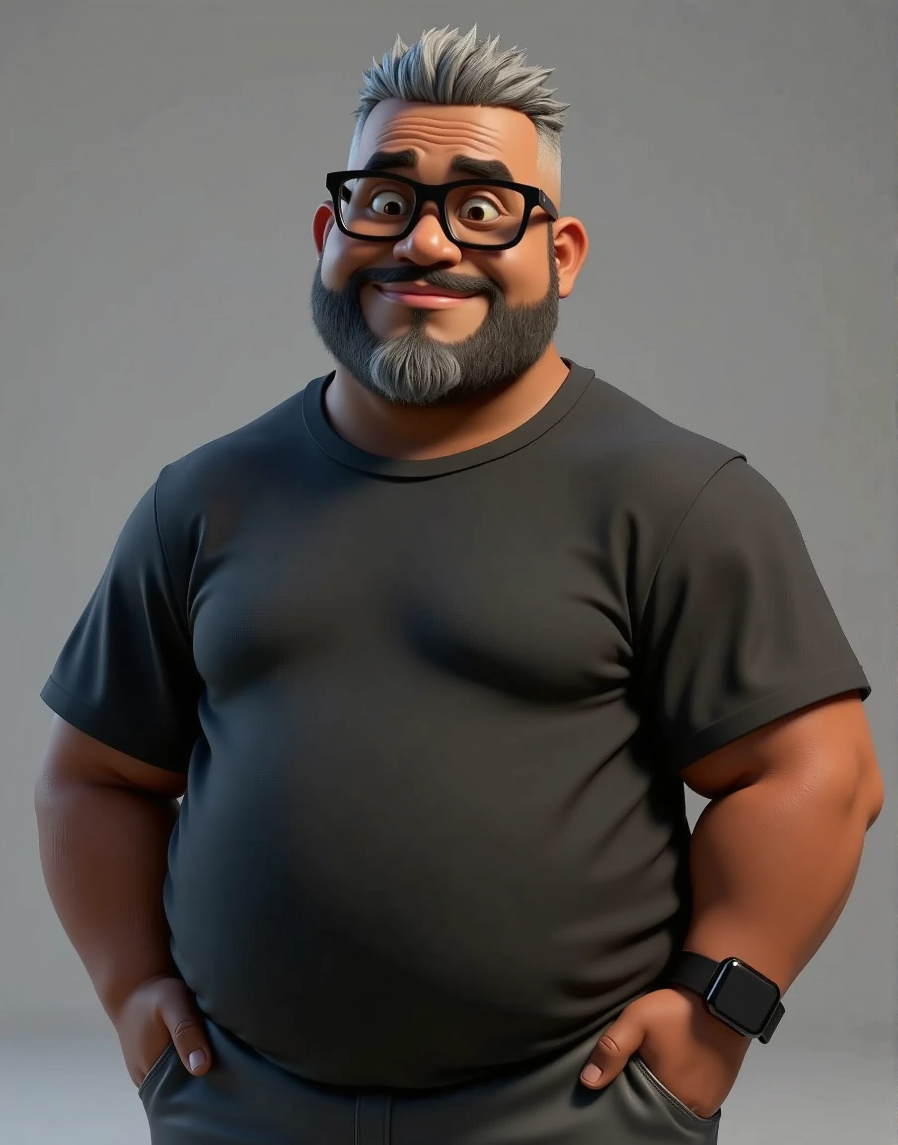 Create a stylized 3D cartoon character of a middle-aged black man with very short hair, wearing modern black glasses. The character should have a broad build with a slight overweight and a friendly expression, but not smiling. His skin tone is dark brown with a warm undertone. The man has only two prominent vertical wrinkles on his forehead between his eyebrows. His beard is trimmed and sparse, with more white hairs on the chin and the rest being dark gray. His hair is gray, extremely short on top, styled to the right side, and shaved on the sides. The man has hairy arms and does not wear any accessories or jewelry, except for a black smartwatch. The man is dressed in an oversized black t-shirt and dark gray pants without a belt. The character should be rendered in a stylized, animation-style, with a Pixar-like quality, using Arnold Maya render or toon Keyshot render. The rendering should be high quality, with cinematic lighting, sharp focus, detailed textures, detailed skin, clay-like finish, and bokeh effects in 8K resolution.