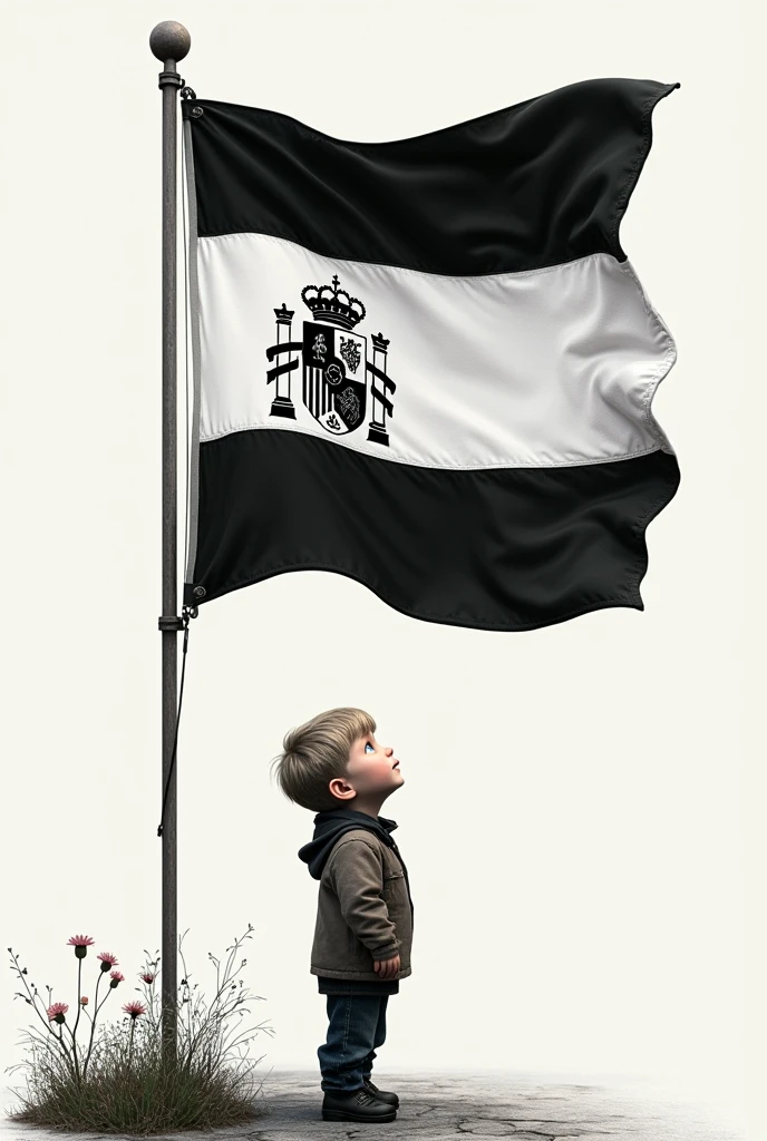 A little blond boy in 1970 admiring the black and white Spanish flag