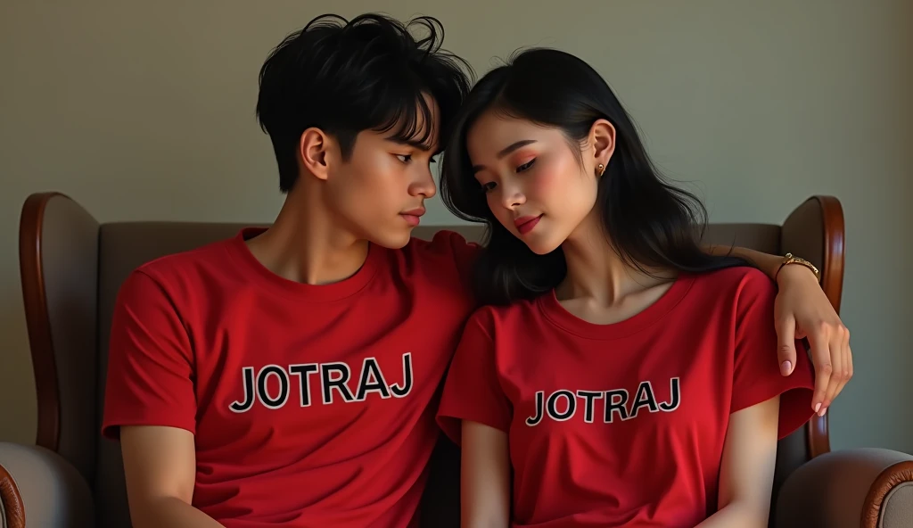 A handsome boy is sitting on a chair wearing a red t-shirt with JOTRAJ written on his belly a beautiful girl is sitting next to him also sitting on a chair wearing a red t-shirt