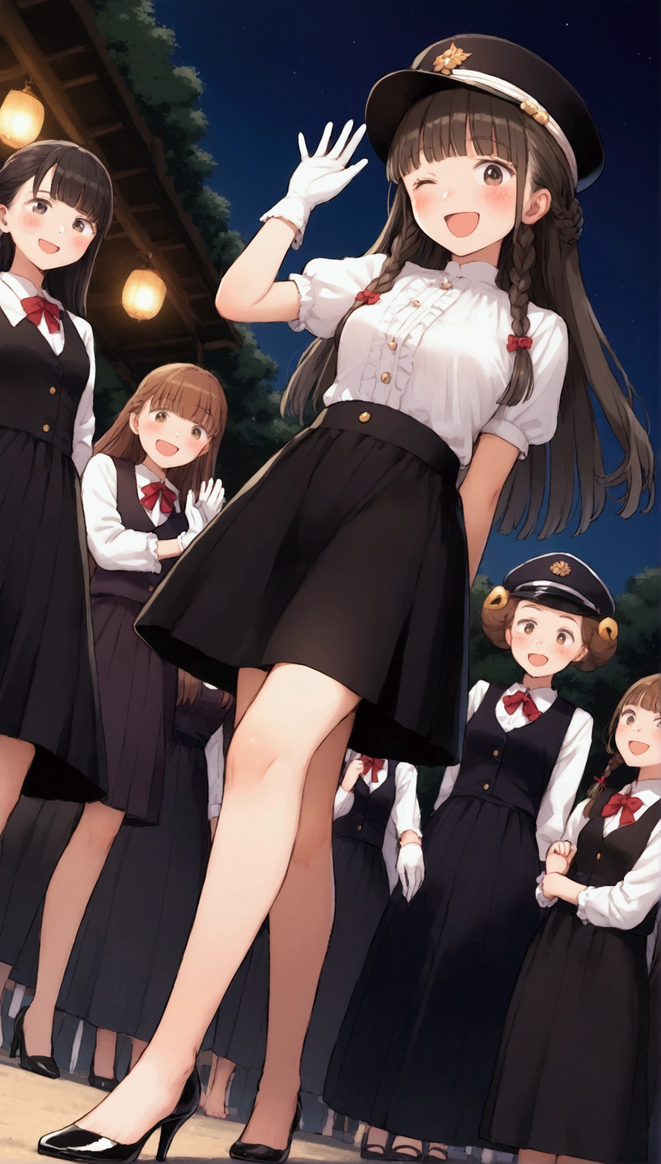 {Highest quality}, {Super beautiful},{Ultra fine},{Best illustration},Brown Hair,Hime cut,long hair,Braid,One woman,Standing Woman,Strike a pose,Adult women,smile,Excited face,Wink,Uniform cap,White Shirt,Short sleeve,long black skirt,White gloves,Night Festival,Blushing,Slender,Black stiletto heels,barefoot,From an angle,From below,Woman with closed legs,Waving with both hands
