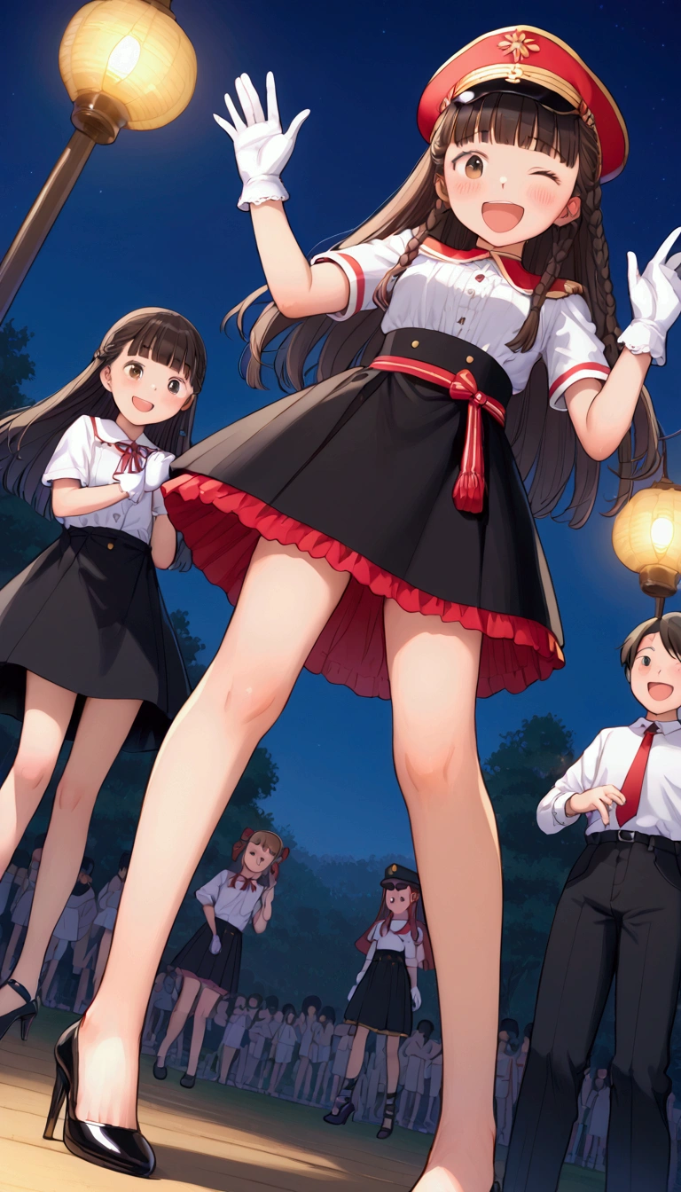 {Highest quality}, {Super beautiful},{Ultra fine},{Best illustration},Brown Hair,Hime cut,long hair,Braid,One woman,Standing Woman,Strike a pose,Adult women,smile,Excited face,Wink,Uniform cap,White Shirt,Short sleeve,long black skirt,White gloves,Night Festival,Blushing,Slender,Black stiletto heels,barefoot,From an angle,From below,Woman with closed legs,Waving with both hands