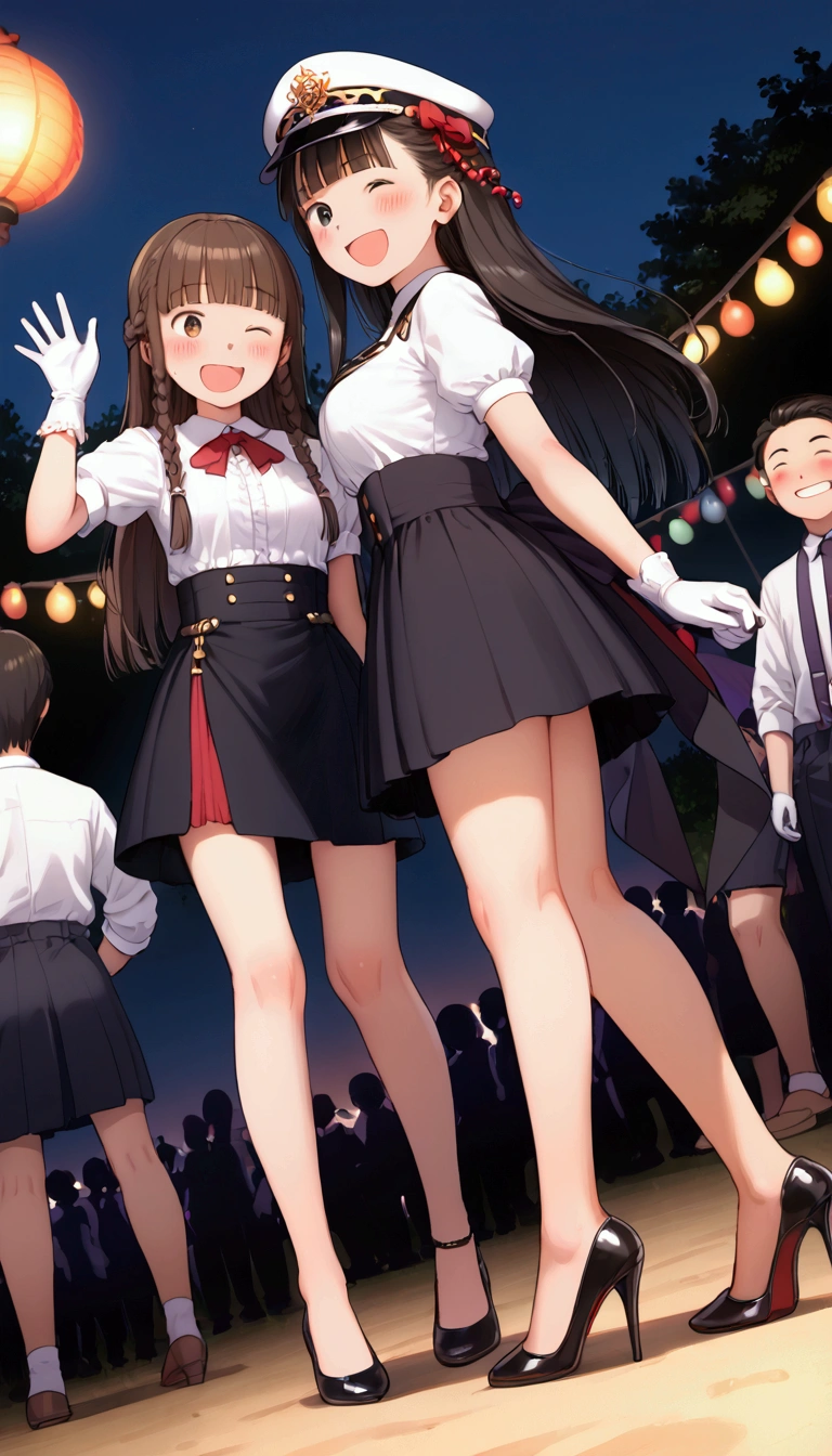 {Highest quality}, {Super beautiful},{Ultra fine},{Best illustration},Brown Hair,Hime cut,long hair,Braid,One woman,Standing Woman,Strike a pose,Adult women,smile,Excited face,Wink,Uniform cap,White Shirt,Short sleeve,long black skirt,White gloves,Night Festival,Blushing,Slender,Black stiletto heels,barefoot,From an angle,From below,Woman with closed legs,Waving with both hands