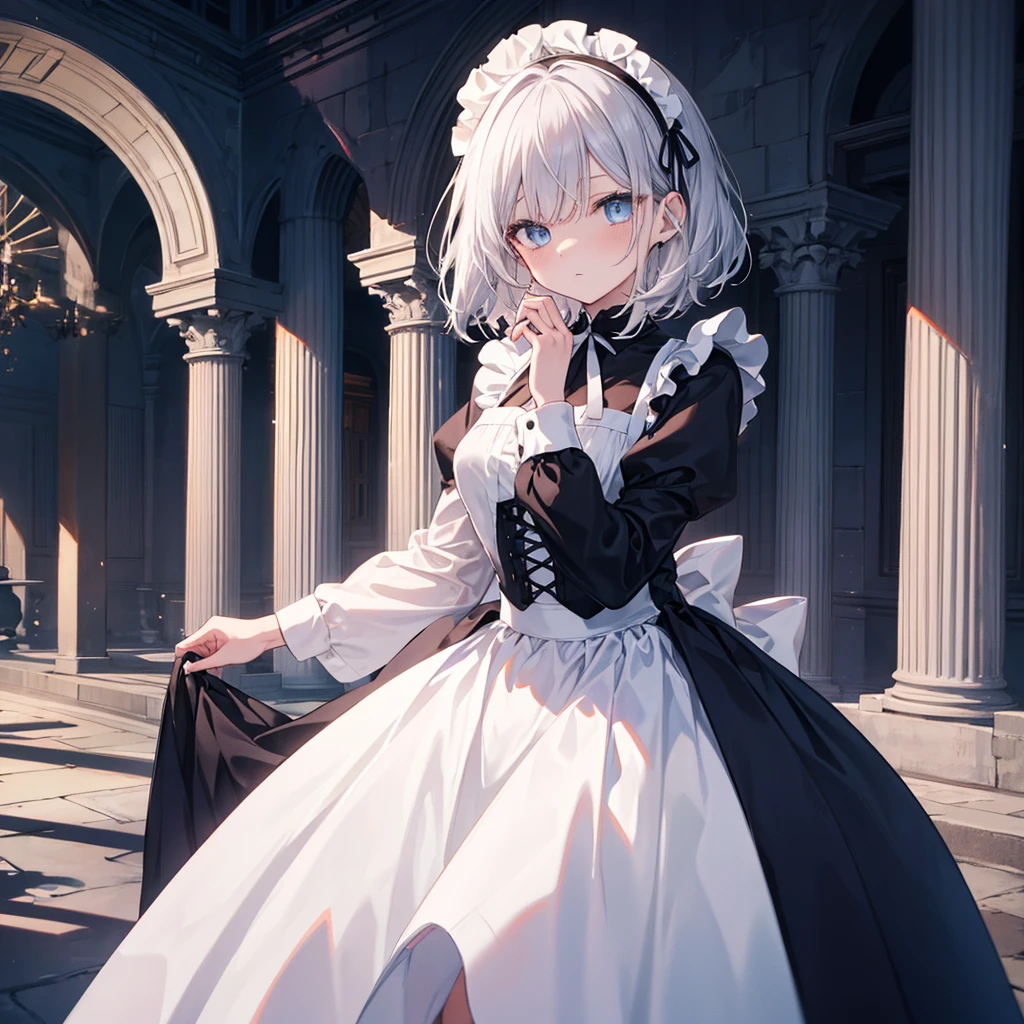 {{{Expressionless}}},{{{{One Woman}}}},{{{Age 35}}},{{{{{Mature Woman}}}}},{{{{{solo}}}}},small ,{{{{{Hide your hands}}}}},Maid clothes,Gothic Maid,Long skirt,Sharp medium long straight hair,Long sleeve,Long Bangs,Silver short-cut hair, Hollow Eyes,Highest quality,Delicate background,8k wallpaper,Frills,Super Detail,pastel blue eyes,Narrow eyes,beautiful buildings in london,{{{One Face}}},Two arms,2 Foot,{{{{{Have nothing}}}}},Perfect skeleton