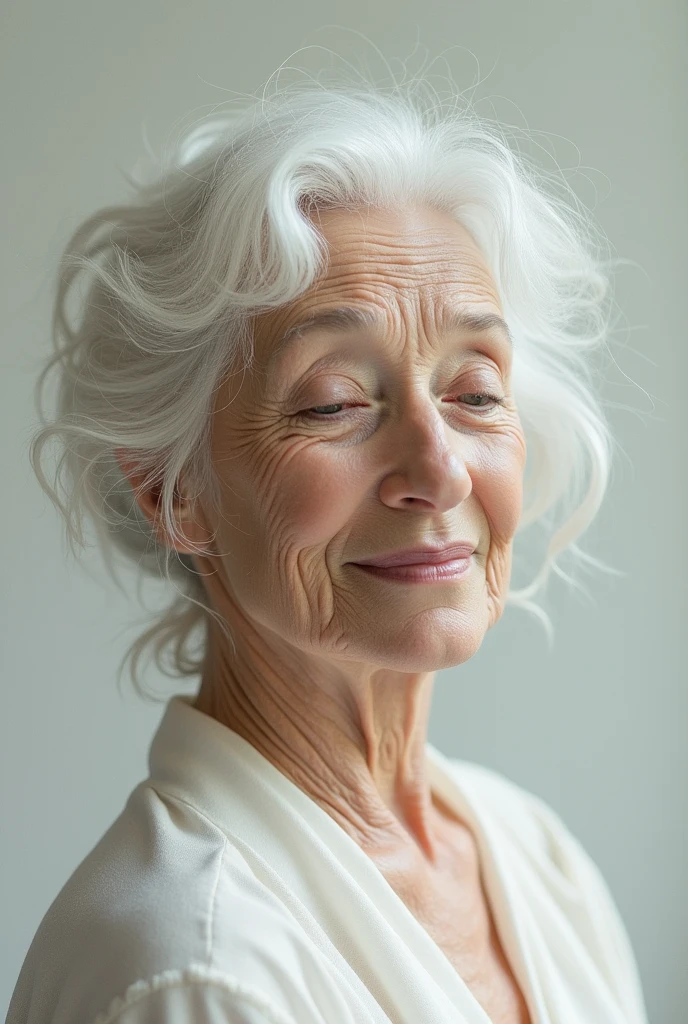 Image of Grandmother with scattered silver hair on her face in white dress