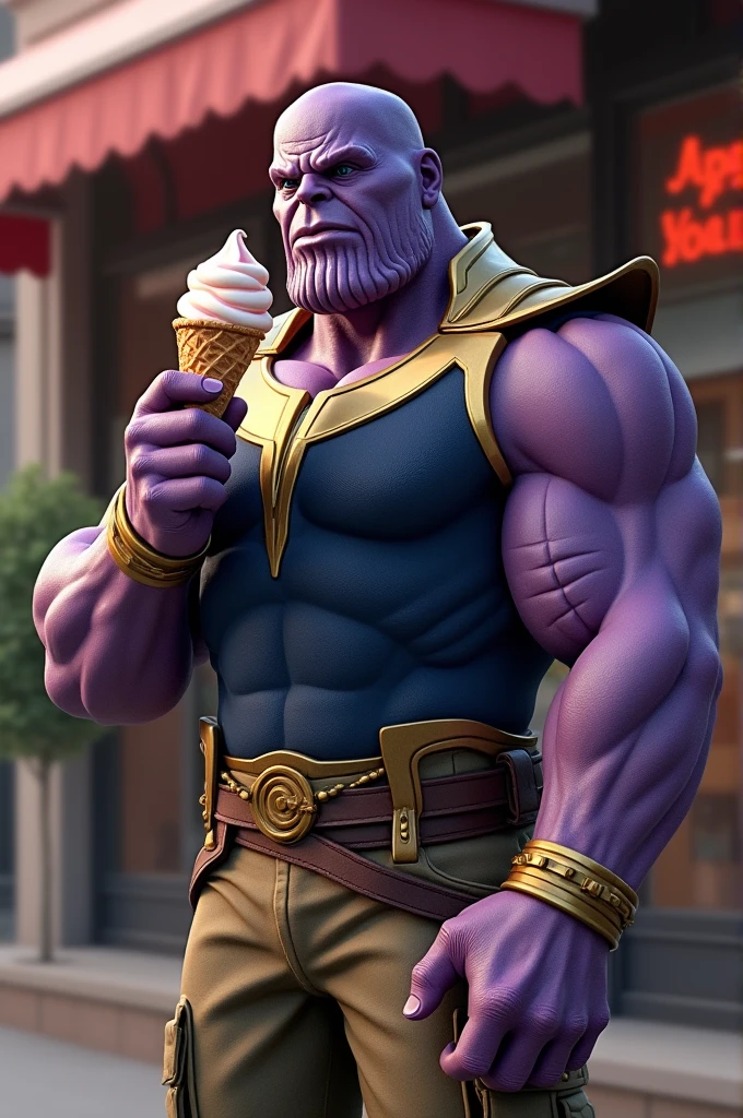 (realistic, 4k Quality) , " Thanos eating Ice cream in front of the shop and wearing half pant and gym vest 