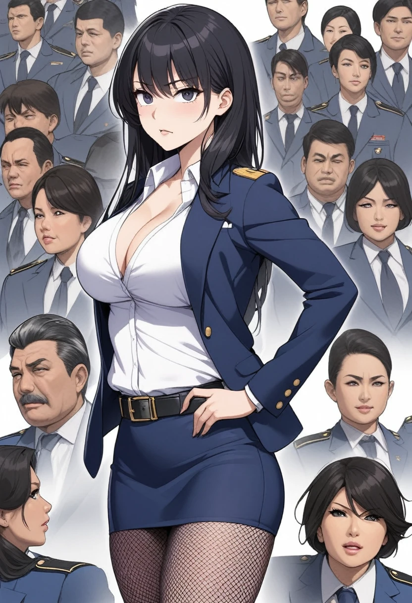 Female Boss,Years on,Black Hair,Droopy eyes,Large Breasts,Cleavage,Jacket, White shirt, belt, uniform, Blue Skirt, army, formal, blue Jacket,Pencil Skirt,Fishnet tights,Purple intricate lace and lingerie