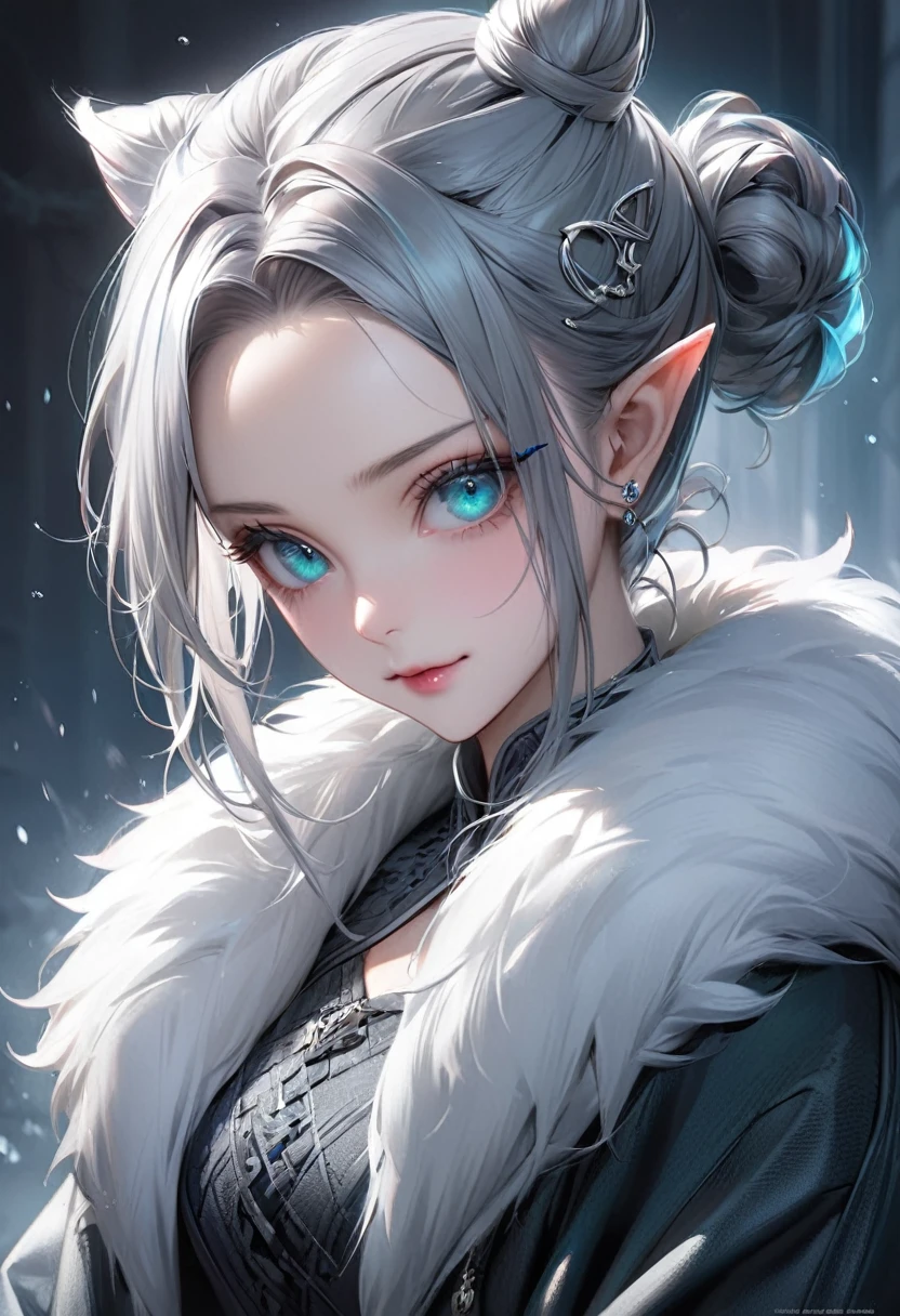 (masterpiece), (best quality half body), ultra realism, 1female, cold color scheme, looking at viewer, (silver_color_with_streaks_tied_bun_hairstyle, beautiful bangs, curls, forehead, hairclip), wearing  Nordic fur, fur boots, Dracula teeth, elf ears, intricate detailed aqua eyes , pointy face, small eyes, soft smile, perfect anatomy, dynamic pose, intricate details,