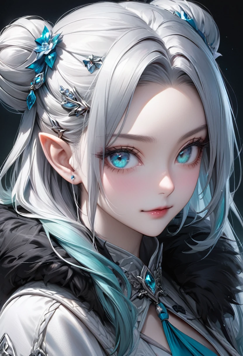 (masterpiece), (best quality half body), ultra realism, 1female, cold color scheme, looking at viewer, (silver_color_with_streaks_tied_bun_hairstyle, beautiful bangs, curls, forehead, hairclip), wearing Nordic fur, fur boots, Dracula teeth, elf ears, intricate detailed aqua eyes , pointy face, small eyes, soft smile, perfect anatomy, dynamic pose, intricate details,