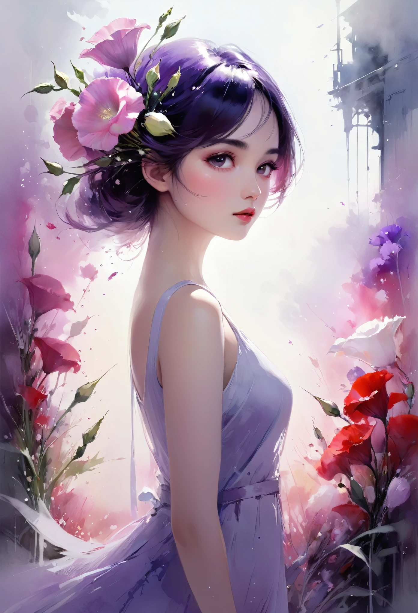 One girl,flower, Lisianthus ,Pale pinkと淡い青のスタイル, A dreamy, romantic piece, Pale pink, Mysterious Leaves, A playful arrangement,Fantasy, High Contrast, Ink strokes, explosion, Exposure, Impression of purple and red tones , Abstract, ((Watercolours by John Berkey and Jeremy Mann )) Brush strokes, Negative Space,