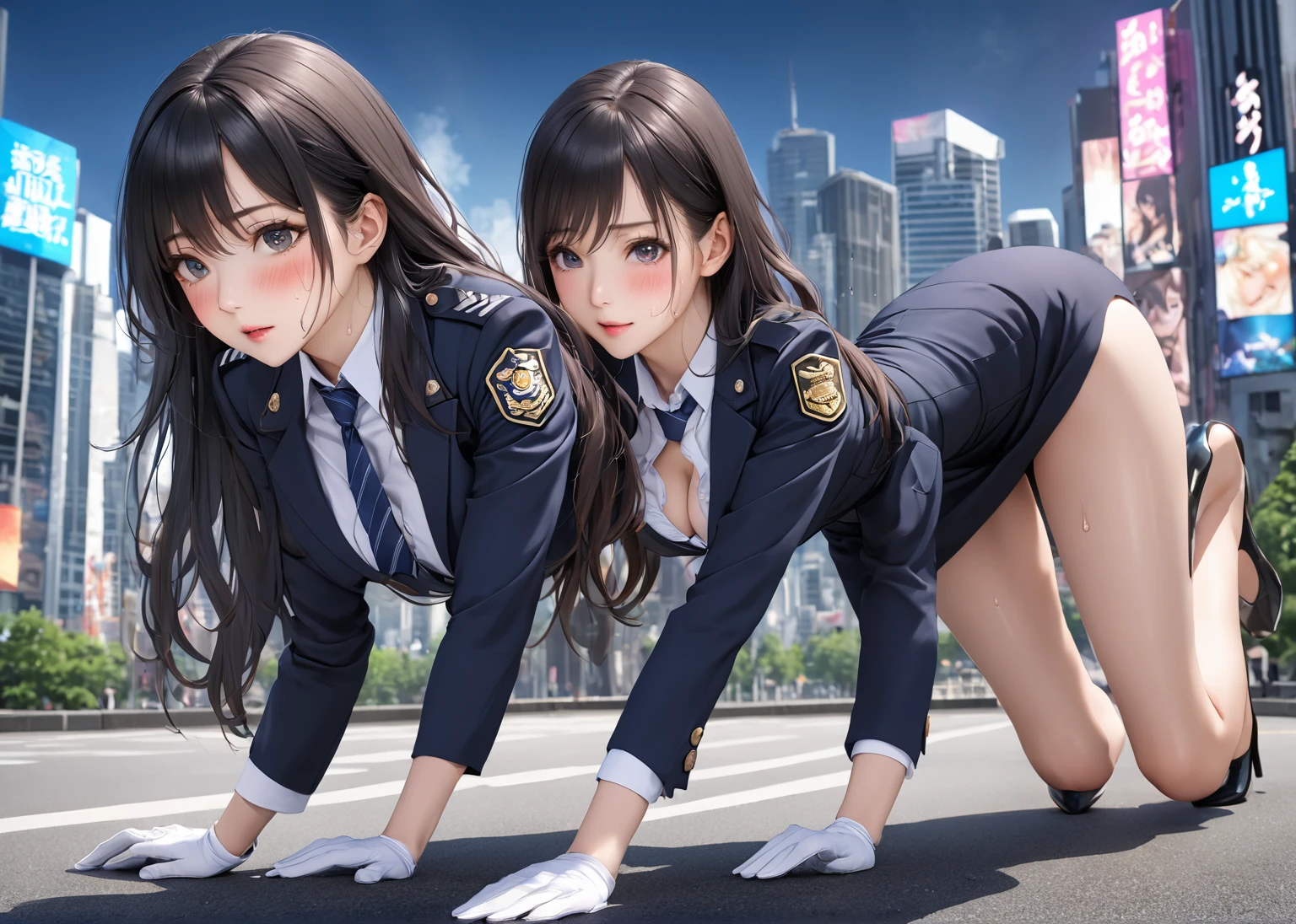 Highest quality、masterpiece、8k、Realistic、超High resolution、Very delicate and beautiful、High resolution、Cinema Lighting、medium range shooting、Perfect female body、Beautiful woman、Mature Woman、Beautiful Eyes、Cityscape、(Long Hair:1.8、Black Hair)、((female officer:1.4、紺色のfemale officer、female officerの制帽、Uniform Buttons、Navy blue tie、Jacket、White gloves))、Pencil Skirt、Stiletto heel pumps、badge、Epaulettes、((Are thin、Small breasts))、((Unbutton and flip up your shirt:1.4、Showing off your bra)), blush、Embarrassing、Sweat、Sigh、((Prone:1.5))、Park during the day、Panties、