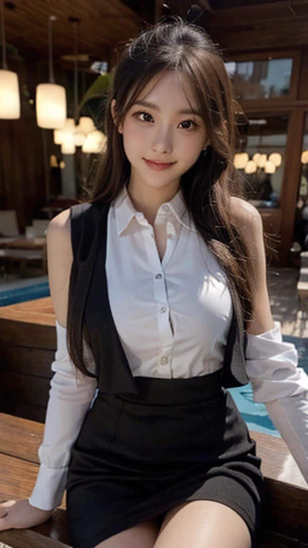 UHD, high quality, best quality, 16k,4K(8K), Business Professional Attire, at the bar, shirt, sleeveless, jacket, looking at viewer, smile with teeth, black thighhigh, blurry background, indoor, bar, natural lighting, night light,