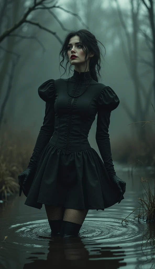 sephia, drama, stuck in bog,high-neck style, closed Puritan dress, short mini-dress, hips, high-neck dress, aristocratic hairstyle, stockings with garters, red lips, goth, aristocratic, gloves, monochrome