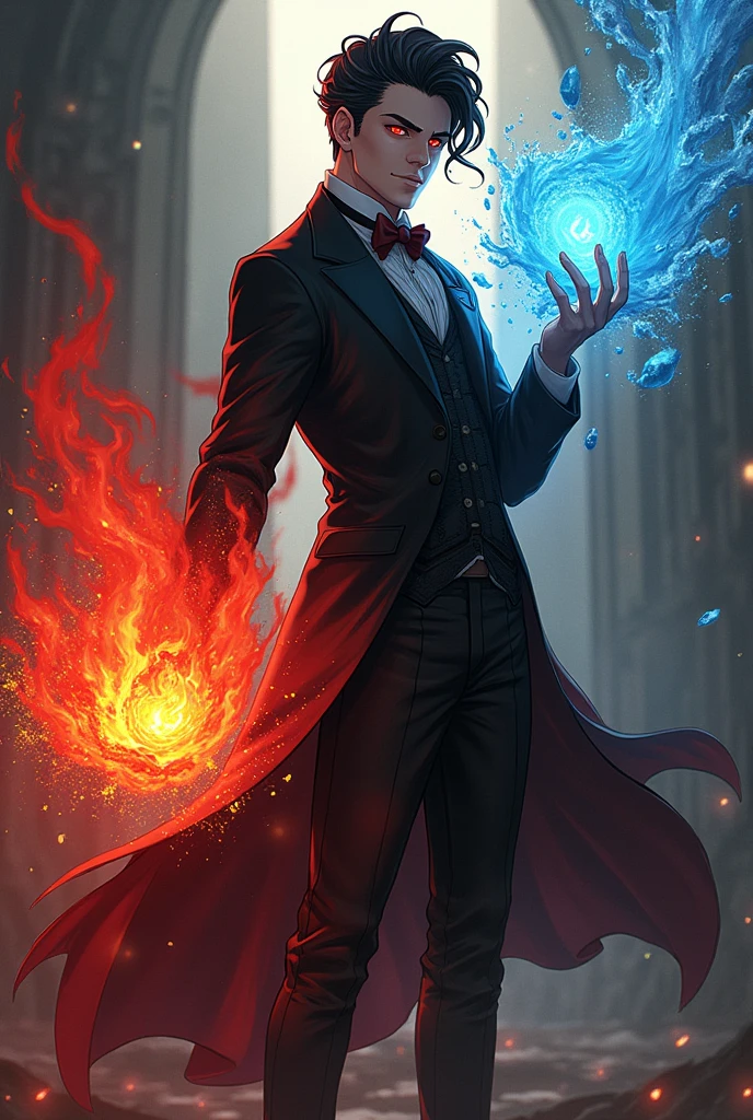 28-year-old man, black hair with a quality pompadour, red eyes, 19th century England, exorcist, red fire and another water element in the other hand, with name PotterX, anime style