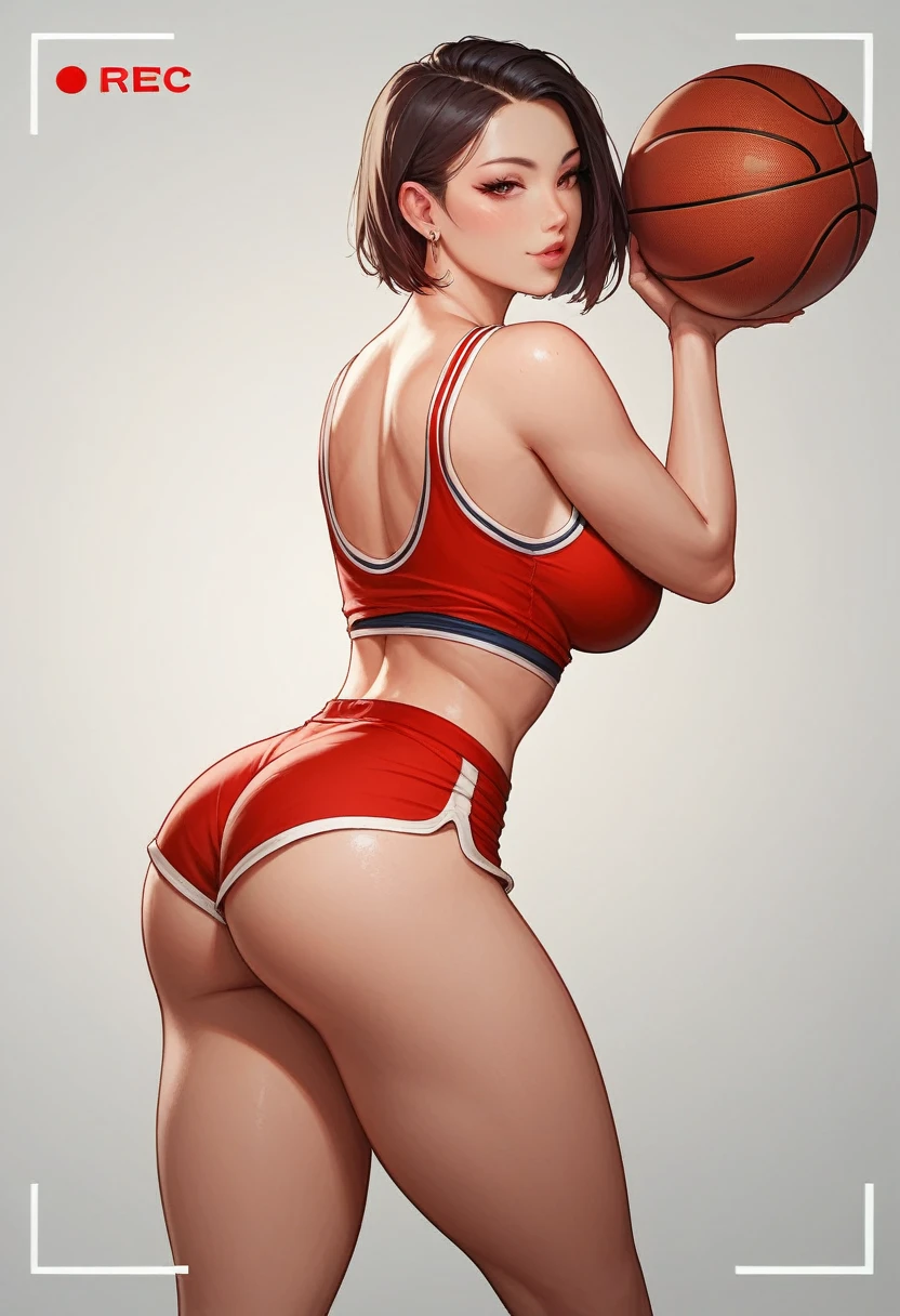 a short-haired Asian girl wearing sexy red basketball outfit and shorts, sexy, standing, big breasts, thick thighs, seductive, beautiful face, slim body, slightly bending over, camera shot from the left side, Sticking your ass out