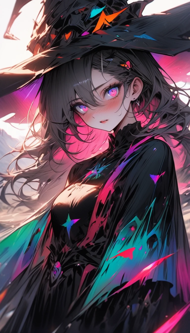 (masterpiece), best quality, expressive eyes,a person standing in a field with a hat on, a silk screen, pixiv contest winner, fantasy art, [ bioluminescent colors ]!!, beautiful witch spooky female, streaming on twitch, colorful aesthetic, hyper light drifter color pallet, benevolent android necromancer, black slime, josan gonzales!!!, beautifully rendered, HD