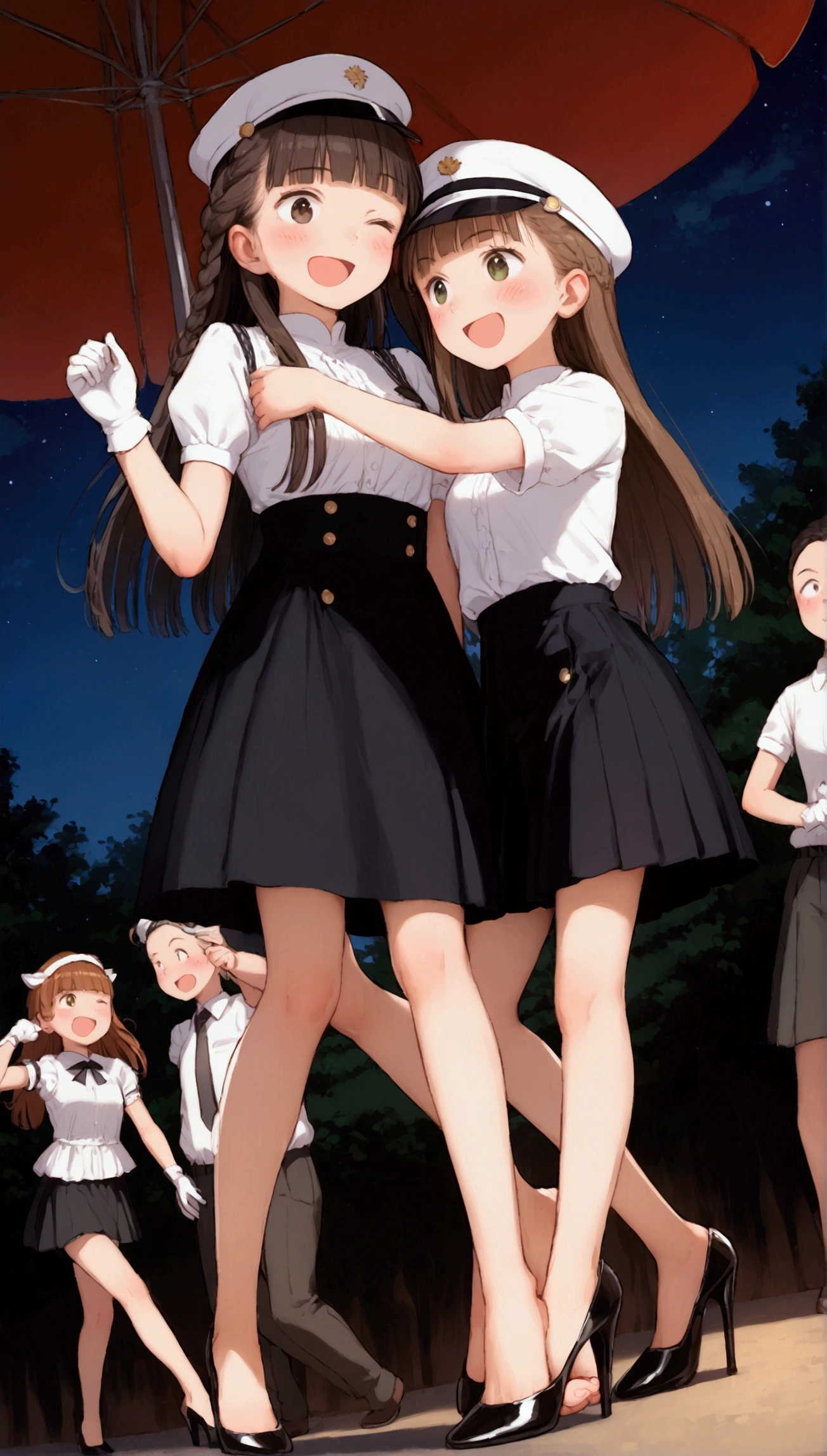{Highest quality}, {Super beautiful},{Ultra fine},{Best illustration},Brown Hair,Hime cut,long hair,Braid,One woman,Standing Woman,Strike a pose,Adult women,smile,Excited face,Wink,Uniform cap,White Shirt,Short sleeve,long black skirt,White gloves,Night Festival,Blushing,Slender,Black stiletto heels,barefoot,From an angle,From below,Woman with closed legs,Embrace with both hands