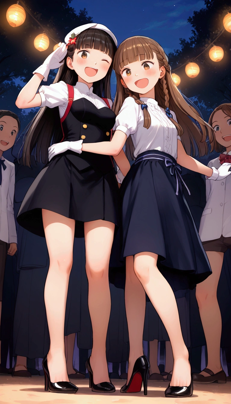 {Highest quality}, {Super beautiful},{Ultra fine},{Best illustration},Brown Hair,Hime cut,long hair,Braid,One woman,Standing Woman,Strike a pose,Adult women,smile,Excited face,Wink,Uniform cap,White Shirt,Short sleeve,long black skirt,White gloves,Night Festival,Blushing,Slender,Black stiletto heels,barefoot,From an angle,From below,Woman with closed legs,Embrace with both hands