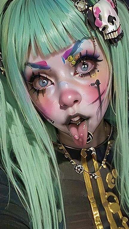 ((masterpiece), (High resolution), (Very delicate),,(Horror elements), Schoolgirl uniform,Cute Core Clown、Skull Accessories、((Alphonse Mucha 1.5))Light blue hair、 Emo Girl、((Open your mouth and stick out your tongue、Tongue Piercing))、Many ear piercings、Photo of your face、Greenish blue hair、Smokey Eye Makeup、Pale skin、Black hoodie、Unconventional Expressions、Punk Style、、Tongue Piercing、Tongue Piercing 、Face close-up
