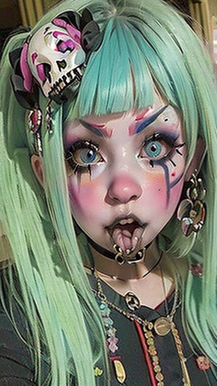 ((masterpiece), (High resolution), (Very delicate),,(Horror elements), Schoolgirl uniform,Cute Core Clown、Skull Accessories、((Alphonse Mucha 1.5))Light blue hair、 Emo Girl、((Open your mouth and stick out your tongue、Tongue Piercing))、Many ear piercings、Photo of your face、Greenish blue hair、Smokey Eye Makeup、Pale skin、Black hoodie、Unconventional Expressions、Punk Style、、Tongue Piercing、Tongue Piercing 、Face close-up
