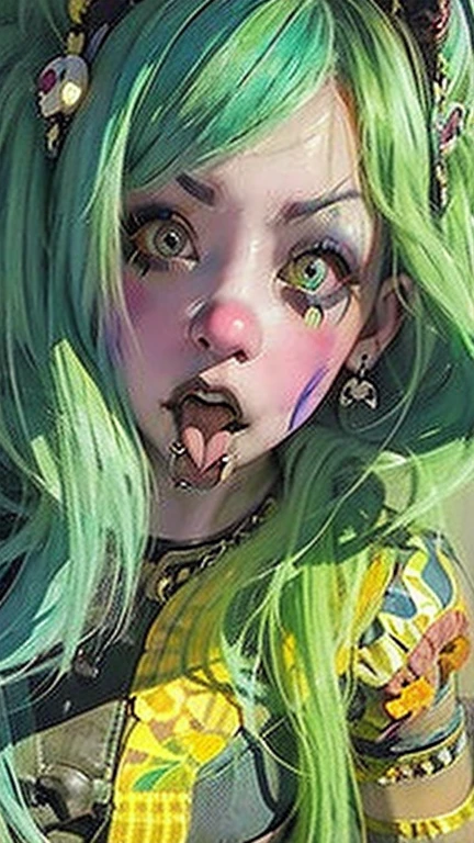 ((masterpiece), (High resolution), (Very delicate),,(Horror elements), Schoolgirl uniform,Cute Core Clown、Skull Accessories、((Alphonse Mucha 1.5))Light blue hair、 Emo Girl、((Open your mouth and stick out your tongue、Tongue Piercing))、Many ear piercings、Photo of your face、Greenish blue hair、Smokey Eye Makeup、Pale skin、Black hoodie、Unconventional Expressions、Punk Style、、Tongue Piercing、Tongue Piercing 、Face close-up
