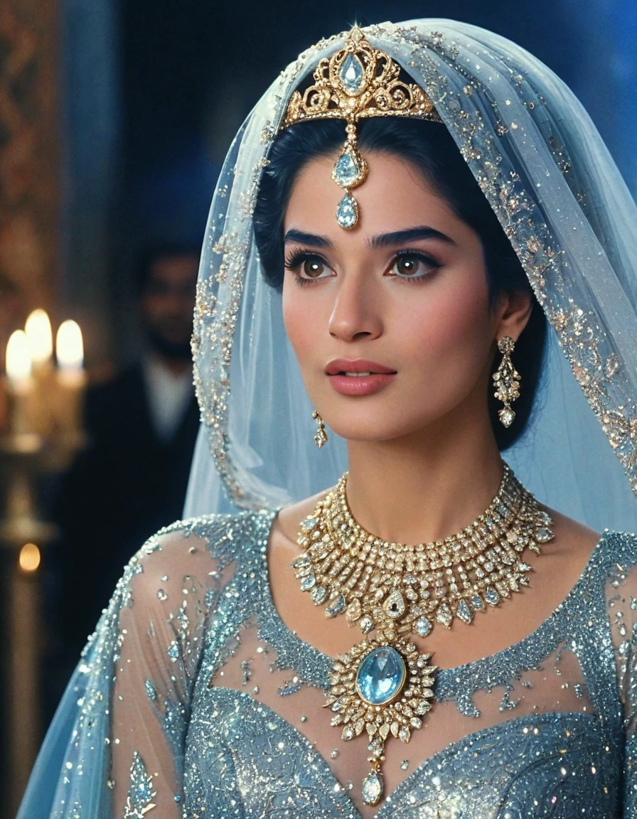 celestial and charming and beautiful and elegant Hazrat cinderella 1990 live - action movie first look, grainy, vhs filter, wearing glittery tulle cape and glittery tulle cloak as ancient and enigmatic muslim prophetess with irresistible holy aura, invites the wretched and beggers to islam and monothemism and allah, her jewelries and dress sparkles intensely shiny