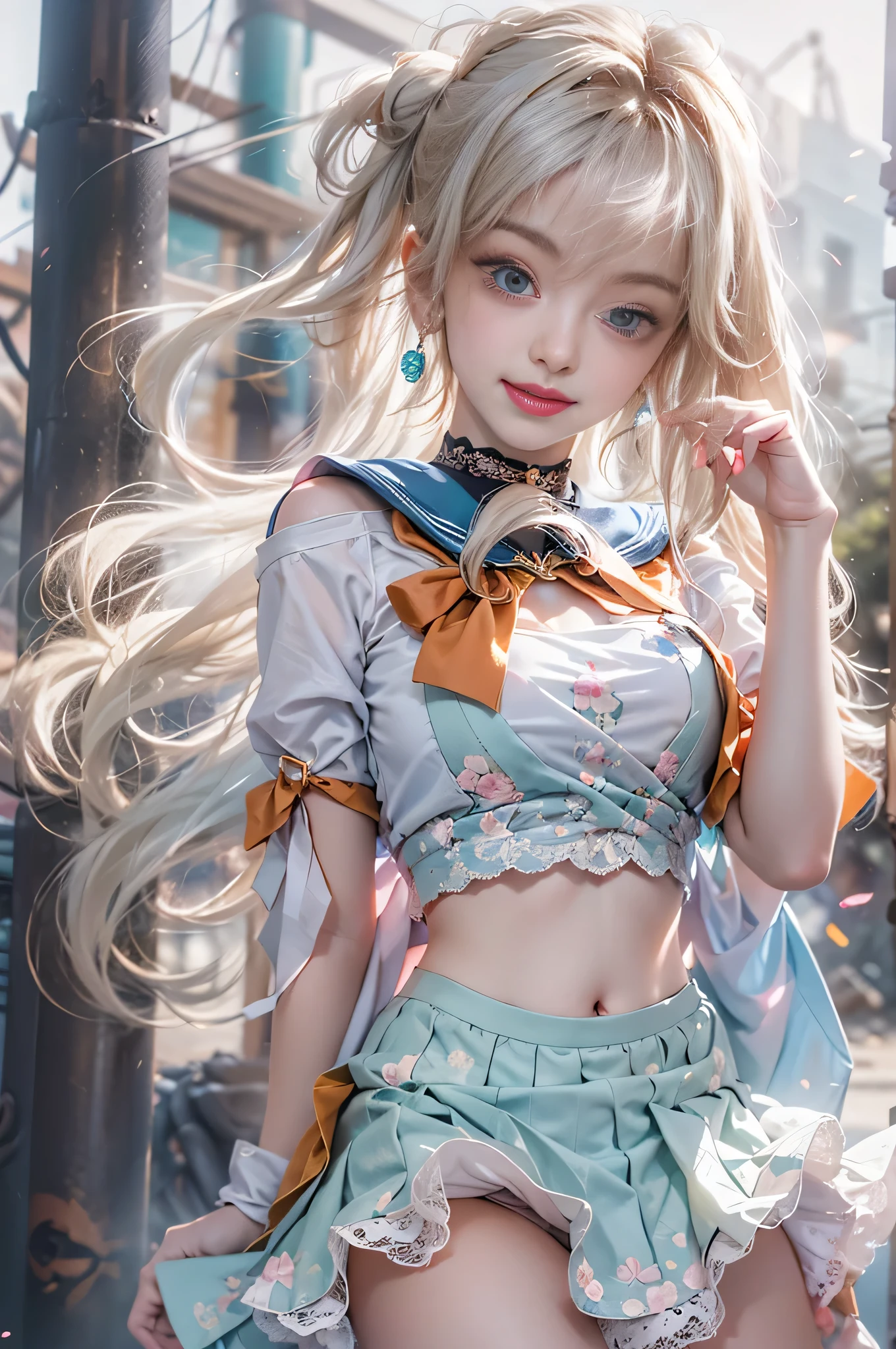 Jenny in a gorgeous sheer blue short dress from Blackpink, masterpiece, Highest quality, High resolution, Venus 1, Yui, (Sailor Warrior Uniform:1.4), Sailor Venus, aino minako, Golden white hair, Magic , Blue eyes, Orange Skirt, Elbow-length gloves, Land, 60% Pleated mini skirt , Hair Ribbon, Sailor collar orange, mini skirt, choker, Red Bow, Orange choker, White gloves, Very long hair, gem, Earrings, Denim throw, View from below, ((Intricate details)), They're laughing,,More detailed 8K.Unreal Engine:1.4,Hmph,Highest quality:1.4, photorealista:1.4, Skin Texture:1.4, masterpiece:1.8,masterpiece, Better Quality,Object Object], (Detailed facial features:1.3),(Destroyed apocalyptic city:1.4),( Jennie BLACKPINK:1.4)c:1.4), 16k hdr,),Sexy pose,((Skirts fly up))、((White lace panties:1.2))(8k、RAW Photos、Highest quality、masterpiece:1.2)、(Realistic、Photorealistic:1.37)、１Beautiful Japanese schoolgirl、Perfect body、20-year-old、Sexy Girl Sailor Suit costume、Medium chest、(Light on face and chest)、(((((Underbust)))))、Lower Breast、Oily skin、skinny、 (Sexy with a little bit of chest exposed)、(The underboob is visible、I can see my belly button and ribs)、Ultra-small mini skirt that shows hips and lower abdomen 、sensual face、Provocative smile、