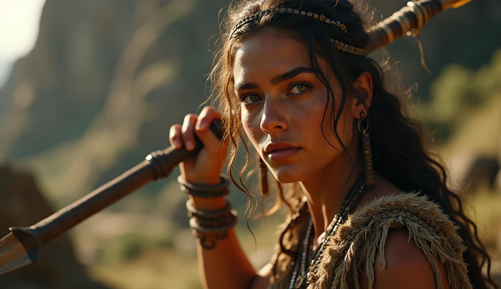 tribe of beautiful women wearing caveman clothing, wielding a spear, detailed facial features, beautiful eyes, detailed skin texture, (best quality, 4k, 8k, high resolution, masterpiece: 1.2), ultra detailed, (realistic, photorealistic, photorealistic: 1.37), natural lighting, warm color tones, intricate tribal patterns, rugged environment, lush vegetation, detailed rock formations, dramatic lighting
