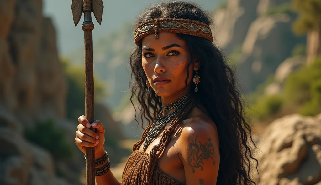 tribe of beautiful women wearing caveman clothing, wielding a spear, detailed facial features, beautiful eyes, detailed skin texture, (best quality, 4k, 8k, high resolution, masterpiece: 1.2), ultra detailed, (realistic, photorealistic, photorealistic: 1.37), natural lighting, warm color tones, intricate tribal patterns, rugged environment, lush vegetation, detailed rock formations, dramatic lighting