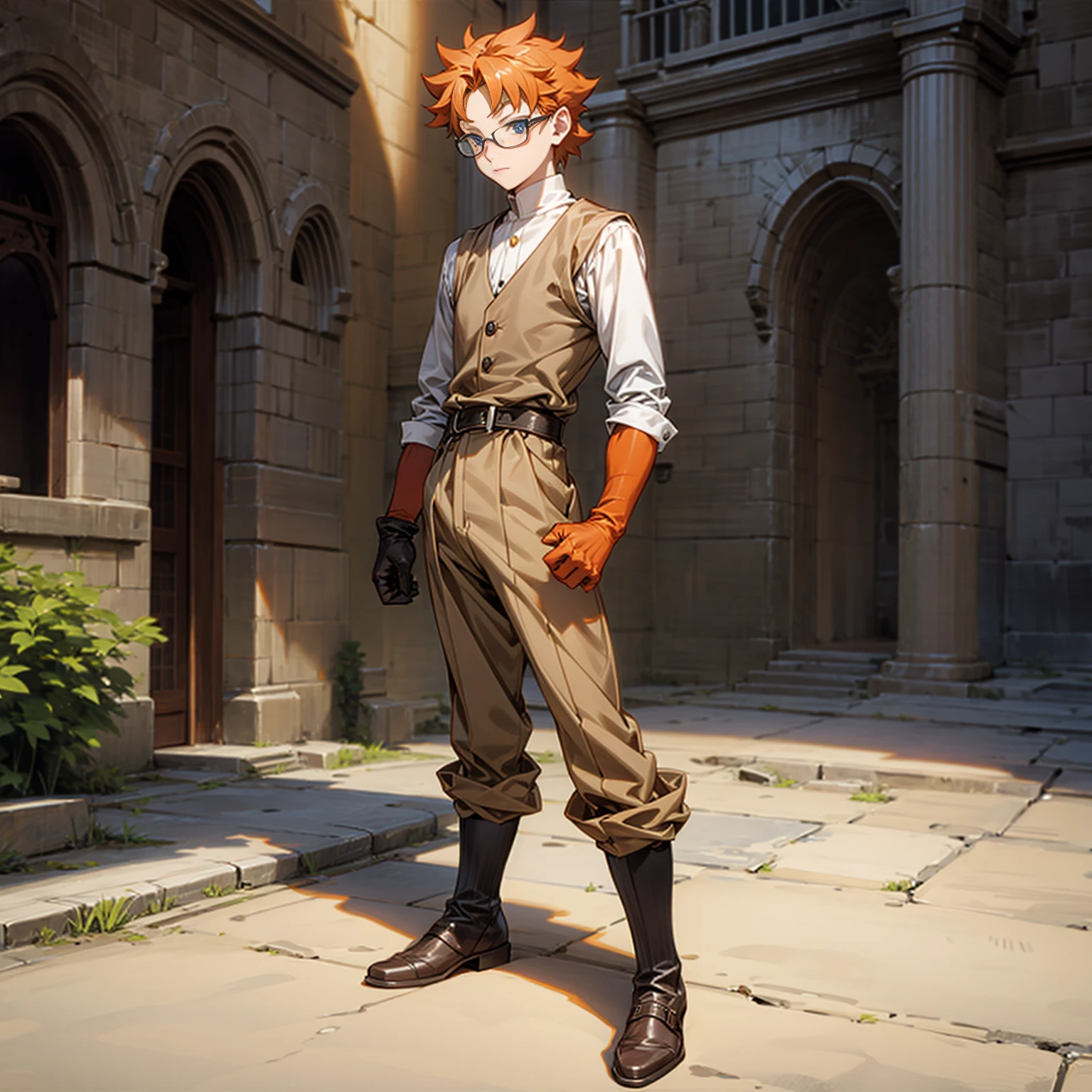 Solo character, full body version, middle aged man, chin beard, blue eyes, orange color hair, short half long curly hair, glasses, formal suit outfit, brown pants, boots, belt, gloves, outdoor, town, medieval, morning, detailed background, detailed clothing, detailed hair, happy, (Hunter x Hunter style art), standing gesture