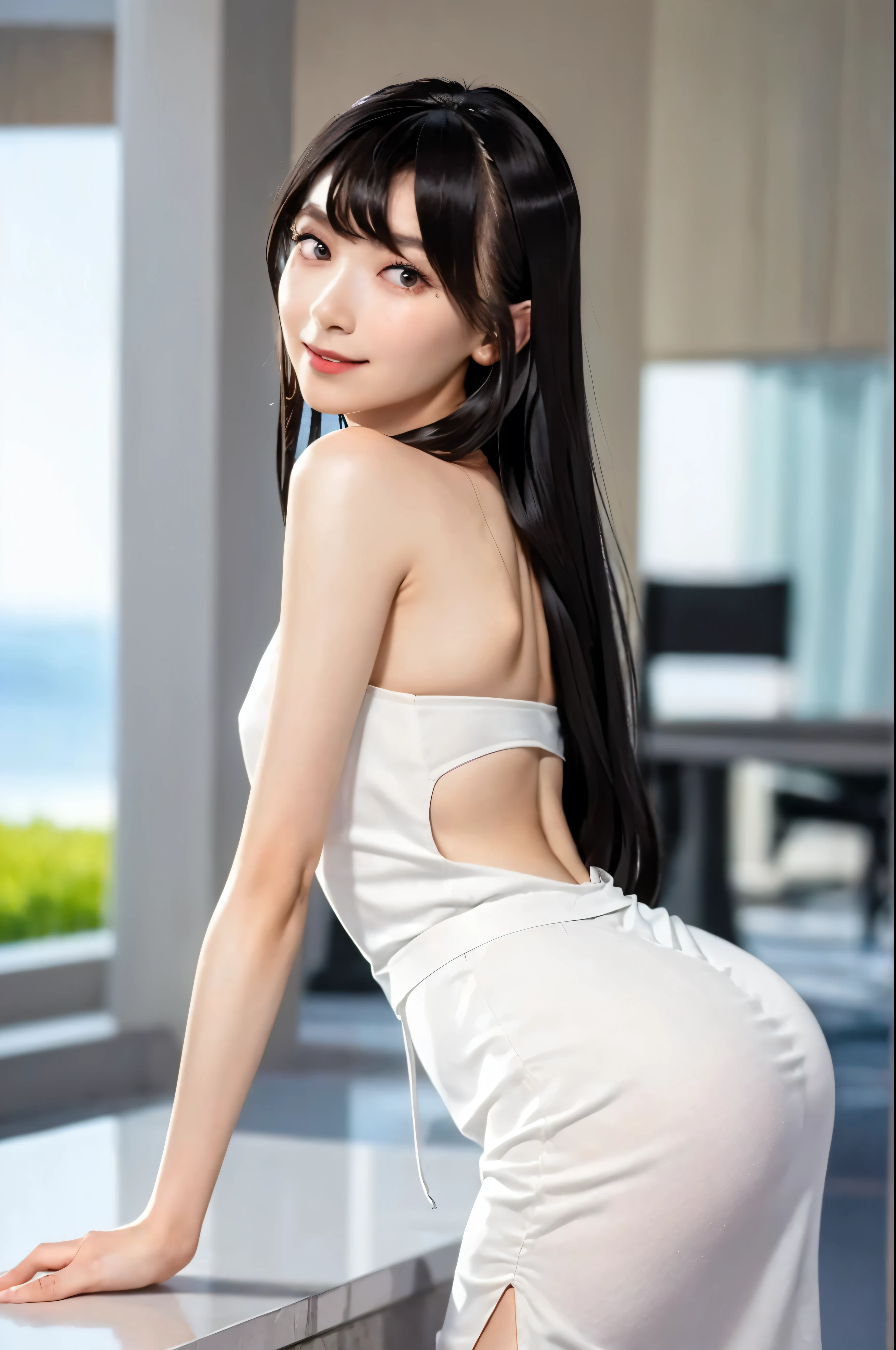 ((Medium Long Hair:1.3)), ((straight legs:1.3)),(Mole under the corner of the right eye:1),8k, Tabletop, RAW Photos, Highest quality, Very detailed CG Unity 8k wallpaper, Written boundary depth, Natural light, Lens flare, Ray Tracing, (Very beautiful face, Beautiful Lips, Beautiful Eyes), Exquisitely detailed face, ((Very detailedな肌)) One Girl, Cute Korean Girl, K-POPアイドル, ((1 girl)), (Very slim and slender fit muscular body:1.3), (A shy smile:1.3), Clear Eyes, (Big eyes),(Black Hair),Very slim, Mid-chest, In front of eyebrows, Thick thighs,Highest quality, Highest quality, 16K, Unbelievably absurd, Very detailed, 2.5D, delicate and dynamic, Very delicate look, Delicate eye depiction, Very Fine Hair,erotic, Sexy woman, Healthy body shape, Sexy long legs, Glowing Skin, , ((Office Lady、black suit))、Stick your butt out、BIG ASS、Shyness、Emphasize the chest、Sweat、Off the shoulder、suit、Black tight skirt、shirt、Exposing Skin、Shoulder、No sleeve、On all fours、company
