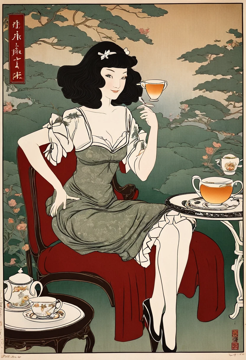 (Highest quality: 1.23, illustration for bold contours, lithographs, Art Nouveau, tea party posters), girl sitting on a chair drinking tea, short wavy hair, bangs, long dress, deep tones, thick and clear contours, masterpiece,