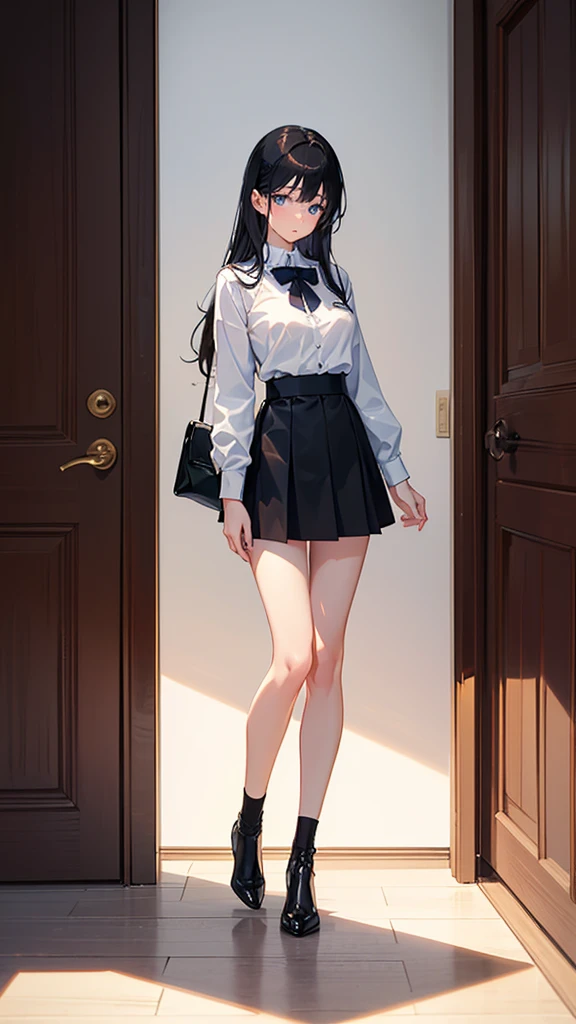 ((True best masterpiece, Ultimately perfect quality, Extremely delicate details)), ((Shy, Quiet, Neat)), An introverted teenage girl, With skinny slim body, With dark-blue eyes, With med brown-black hair, With flat bust, B cup, Wearing white y-shirt with black tie, Wearing black fabric skirt, Looking at the audiences, Fresh background vision, Full body