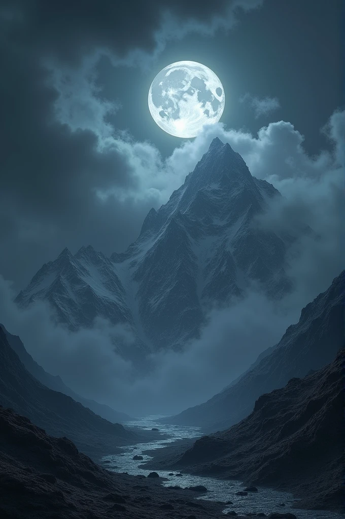 Generate image of:- dark wheather, full moon,some mountains 