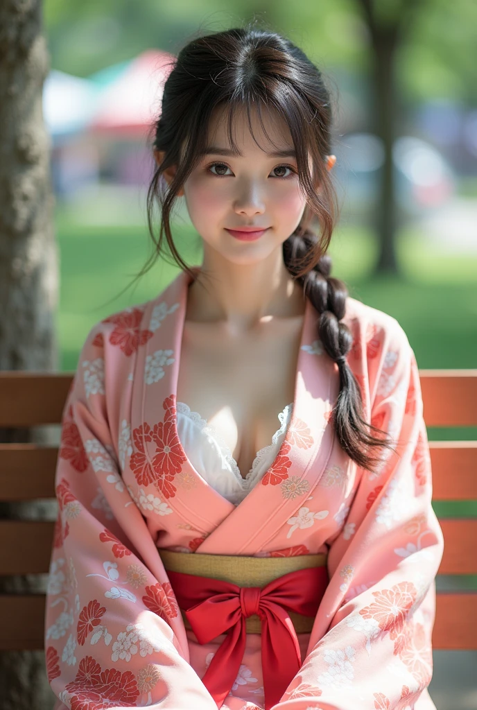 ((Half body Portrait of Beautiful Young Japanese Woman )),((( Wear a sexy kimono)))((One shoulder and one breast open)) ((Soft curve)) (( Traditional kimono outfit)), High-class Lady,( Meiji Fashion Style),(( Vintage Color Photo)),((Outdoor photography in a beautiful meadow)) (( In the background is Mount Fuji with snow covering the top.)), ((Good weather and Bright clear sky above)), Soft shadows Super-Resolution, Megapixel, ProPhoto RGB, VR, Spotlight, Frontlight, Halfrear Lighting, Backlight, Rim Lights, Rim Lighting, Artificial Lighting, Natural Lighting, Incandescent, The images are very realistic.,documentary photography, Photos for advertising, fashion for travel, JapanMasterpiece, (realistic:1.5), realistic eyes, Asian woman, best quality, beautiful light, professional lighting, Photon mapping, Radiation, Physical rendering, Kamado Nezuko, 1 girl, black hair, forehead, hair ribbon, Japanese clothes, kimono, long hair, colorful hair, open mouth, pink eyes, pink kimono, pink ribbon, ribbon, smile, very long hair, sky, ((aged up)), (raw photos, 8k uh, Film texture)