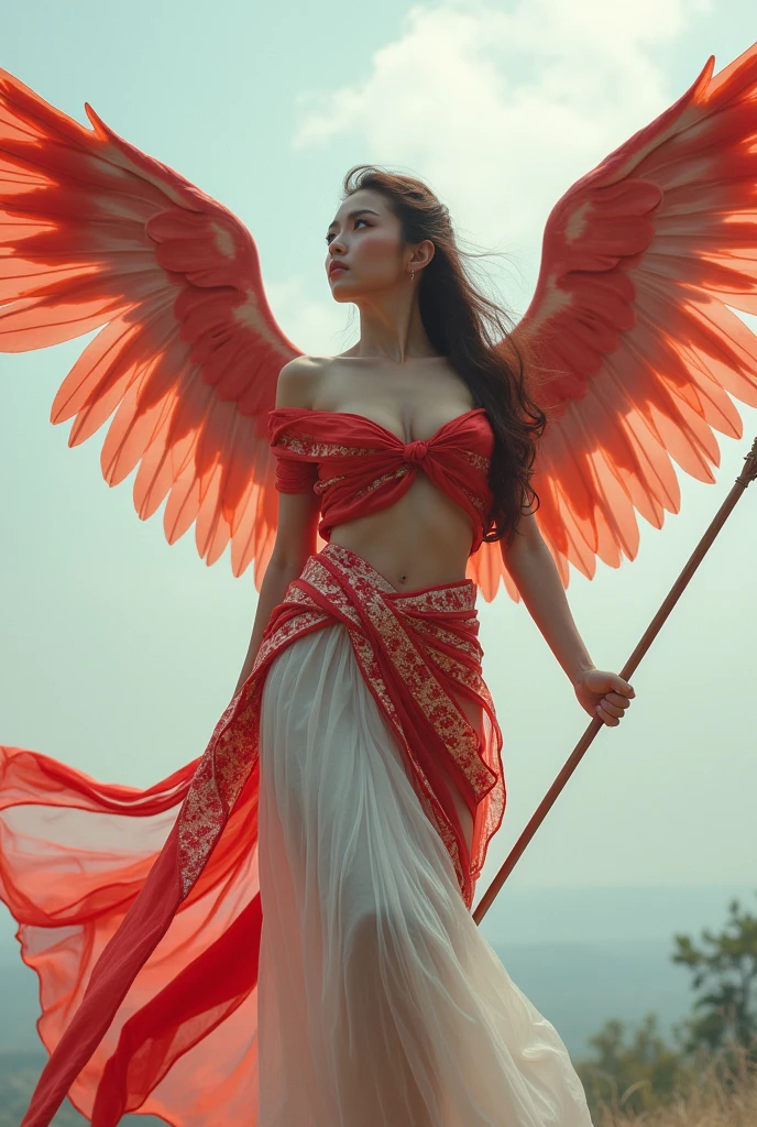  
Naked, nude, topless, A woman wearing a shawl made of used plastic, highlighting large and sexy breasts, soft transparent red and white colour with red and white motifs, with wings like Indonesian garuda, holding a spear, elegant minimalist classic design, wearing a very long white skirt with patterns, above the sky, flying on top of mountains, hovering, with a shooting angle from the front, very realistic, (complex detail: 0.9), (hdr, hyperdetail: 1.2), RAW, Sony Alpha a9 II, 24-105mm f/4, HDR,