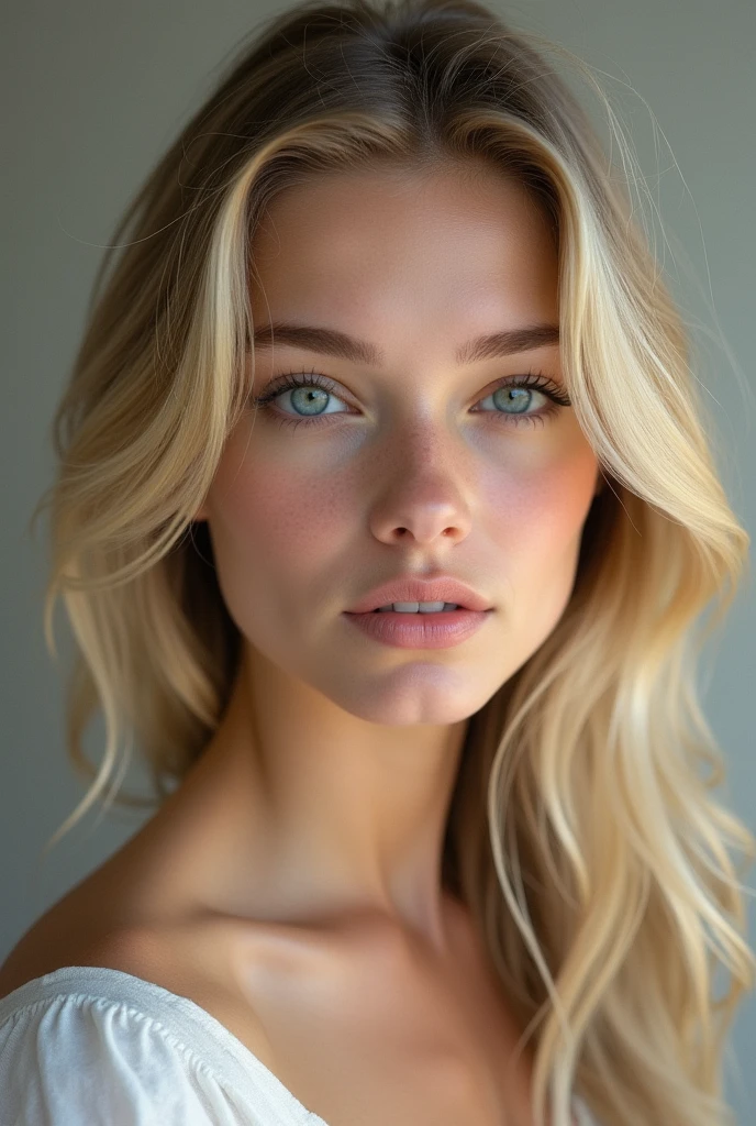 Blonde woman with blue eyes who is 23 years old and is realistic
