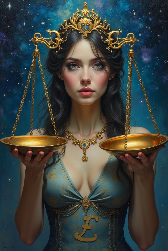 Artwork, surrealism, highly detailed, intricate details, oil painting, best quality, cosmic, starry, a woman holding a two-plate scale, pound sign concept, golden ratio, beautiful, cosmic concept, 8k, cinematic light, starry background, vibrant colors, UHD, by Greg Rutkowski