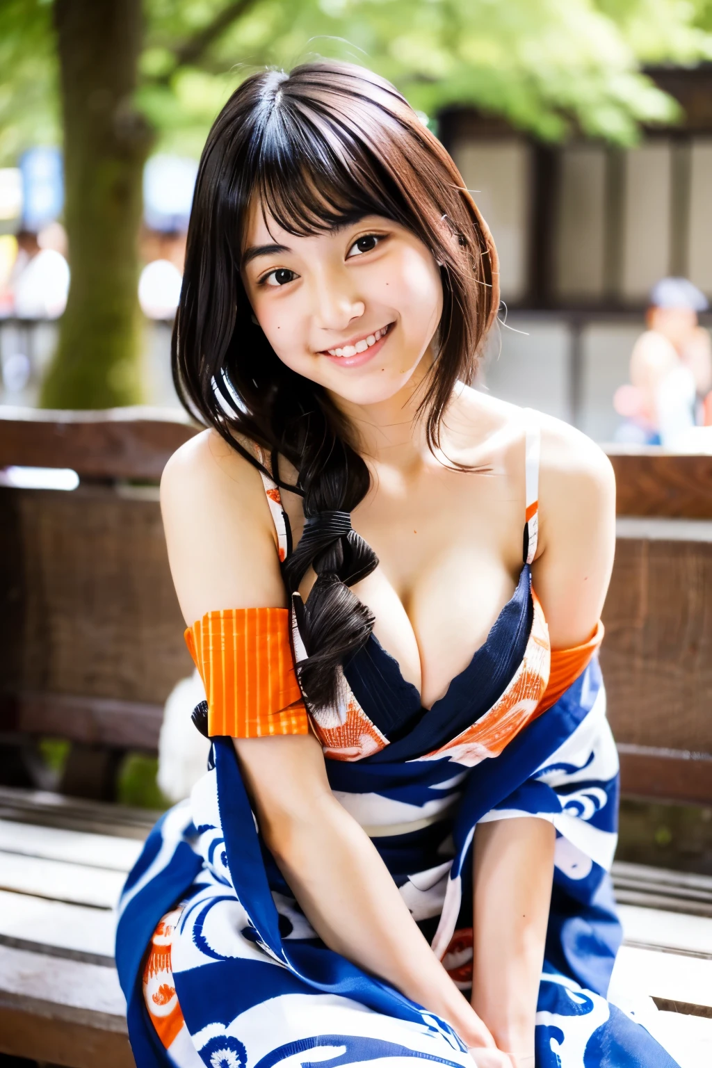 A very cute face like an idol、like々A 19-year-old woman with a cute face、Gentle and cute、A kind smile、(((Japanese Yukata)))、Sitting on a festival bench、Cleavage、(Full body portrait)、RAW Photos、Genuine、High resolution