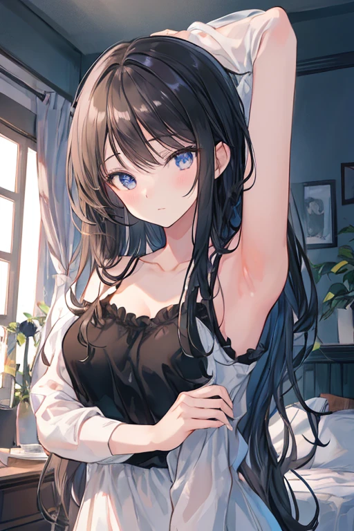 a girl with long black hair lying on a bed in a cozy one-room apartment, wearing casual clothes with messy hair, a slightly shy expression, swaying curtains and sunlight streaming in, illustration, high resolution, best quality, 8k, hyperrealistic, masterpiece, dramatic lighting, detailed facial features, beautiful eyes, elegant pose, soft colors, atmospheric, photorealistic