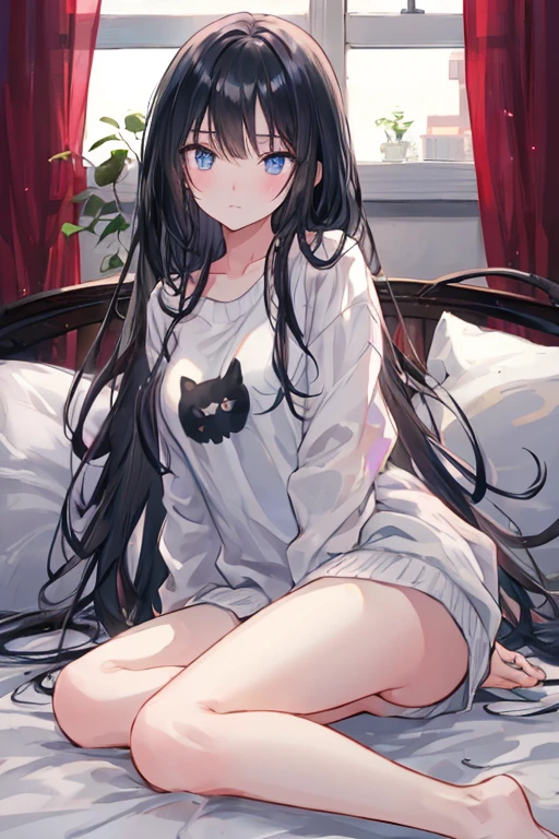 a girl with long black hair lying on a bed in a cozy one-room apartment, wearing casual clothes with messy hair, a slightly shy expression, swaying curtains and sunlight streaming in, illustration, high resolution, best quality, 8k, hyperrealistic, masterpiece, dramatic lighting, detailed facial features, beautiful eyes, elegant pose, soft colors, atmospheric, photorealistic